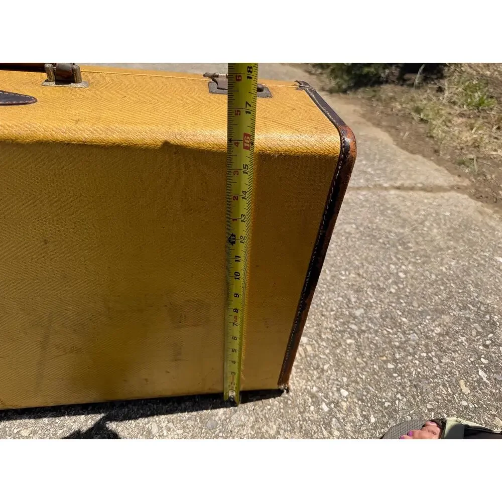 Vintage Mustard Yellow Tweed Train Suitcase 24” Leather Trim Overnight Luggage
